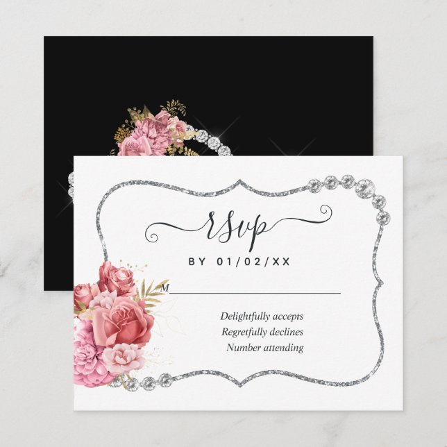 Cartons Réponse Mariage diamant flou et or et argent (Devant / Derrière)