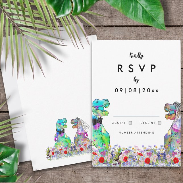 Cartons Réponse Mariage Dinosaur Fleur sauvage coloré (Colorful wildflower dinosaur themed wedding RSVP enclosure card)