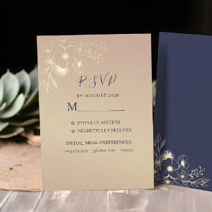 Cartons Réponse Mariage d'or bleu marine et Rose