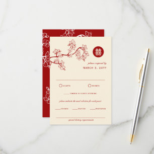 Cartons Réponse Mariage Double Bonheur de la Pêche Rouge/Fleur de 