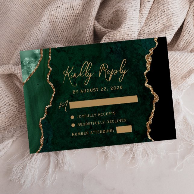 Cartons Réponse Mariage Écriture Or Agate Vert Émeraude (Créateur téléchargé)