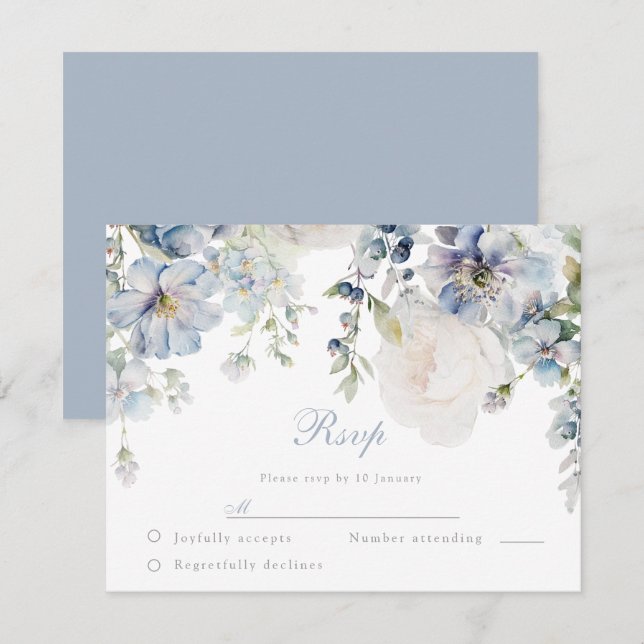 Cartons Réponse Mariage Elegance Dusty Blue & White Floral Mariage (Devant / Derrière)