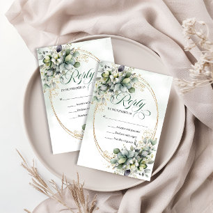 Cartons Réponse Mariage Élégance Verte et Or Eucalyptus Frais