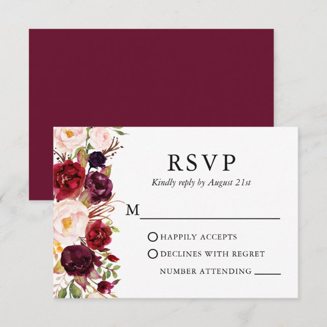 Cartons Réponse Mariage Elégant aquarelle Bourgogne Floral (Devant / Derrière)