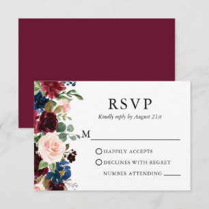 Cartons Réponse Mariage Elégant Aquarelle Burgundy Bleu Floral