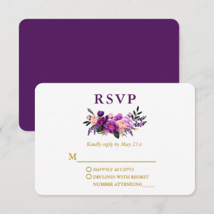 Cartons Réponse Mariage Elégant Aquarelle Purple Floral Or