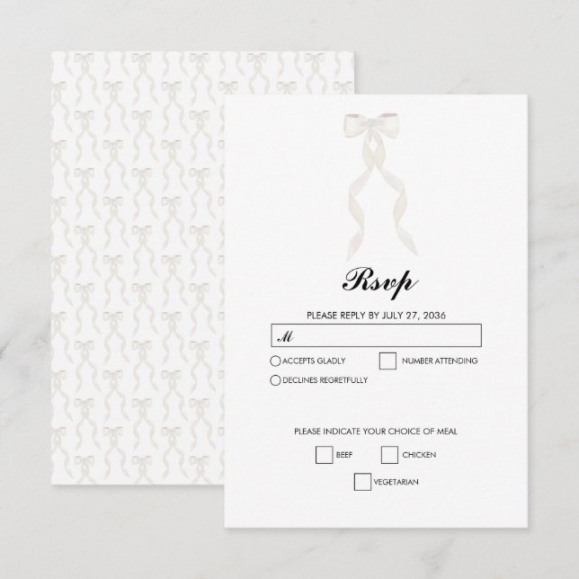 Cartons Réponse Mariage élégant au ruban blanc à la bow (Devant / Derrière)