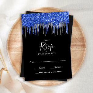 Cartons Réponse Mariage élégant Black Blue Silver Parties scintill
