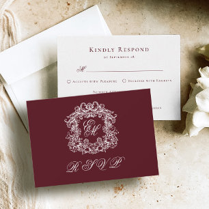 Cartons Réponse Mariage Élégant Blason Monogramme Bordeaux
