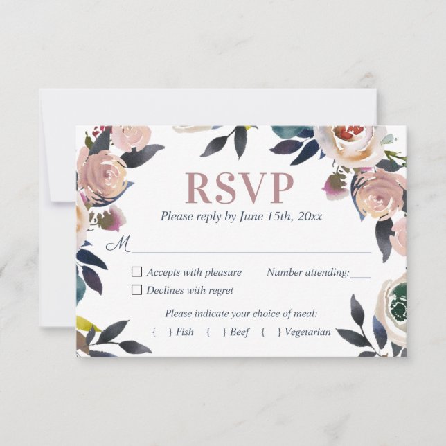 Cartons Réponse Mariage élégant bleu marine et rose poussiéreux (Devant)