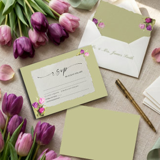 Cartons Réponse Mariage Élégant Fleur de Tulipe Vert Sauge