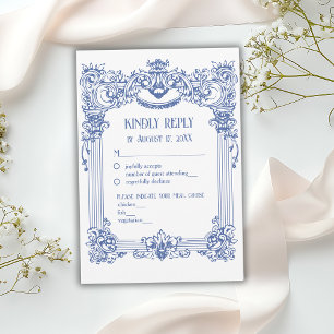 Cartons Réponse Mariage élégant floral baroque colonne bleue 