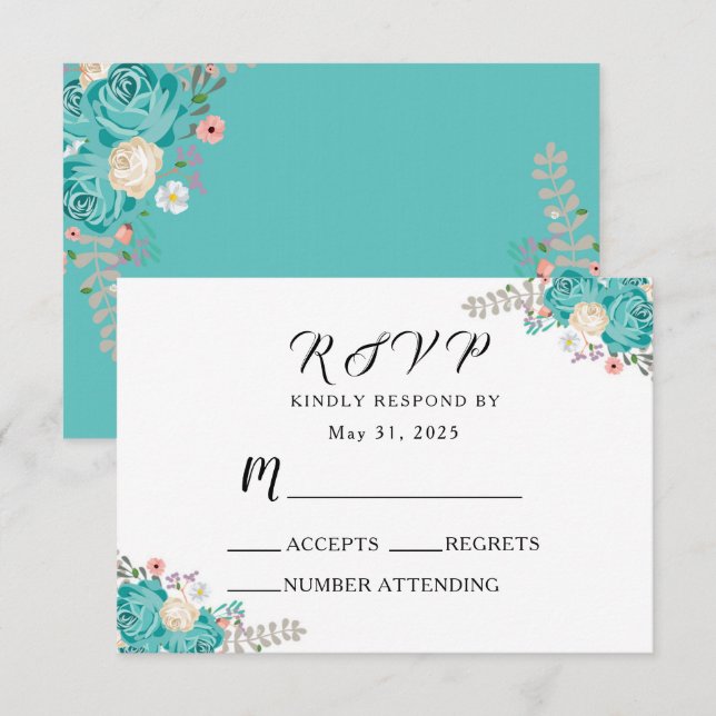Cartons Réponse Mariage élégant Floral Bleu Fleurs blanches (Devant / Derrière)