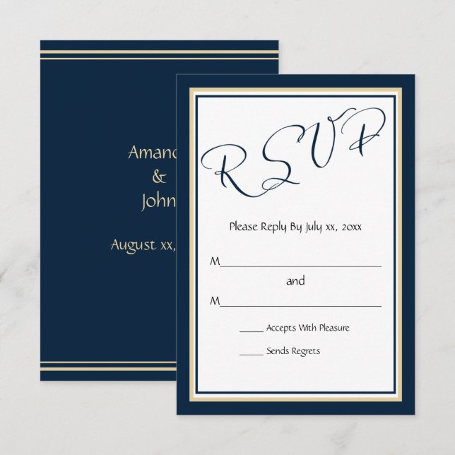 Cartons Réponse Mariage élégant Marine et Gold (Devant / Derrière)