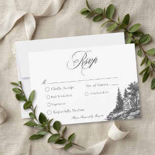 Cartons Réponse Mariage Élégant Toile Noir et Blanc Manoir Françai
