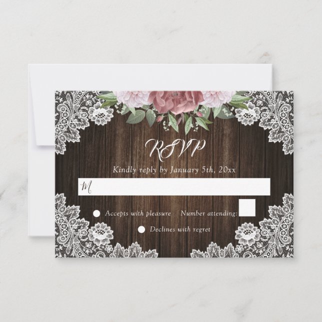 Cartons Réponse Mariage en dentelle de bois rose rose rustique RSV (Devant)