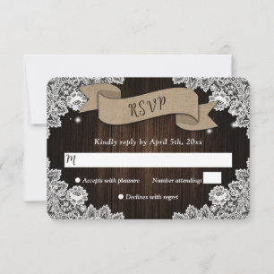 Cartons Réponse Mariage en dentelle de ruban en bois rustique