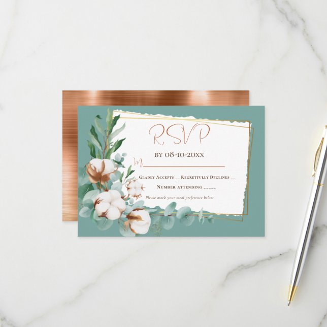 Cartons Réponse Mariage Faux Cuivre Blanc Floral tendance (Devant/Arrière en situation)