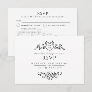Cartons Réponse Mariage feuille art monogramme noir blanc repas ma