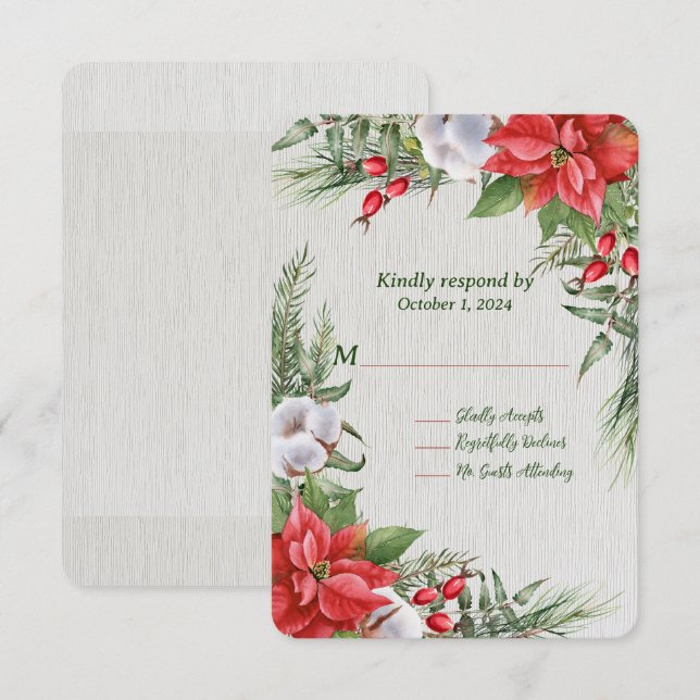 Cartons Réponse Mariage Feuille Red Poinsettia Green (Devant / Derrière)