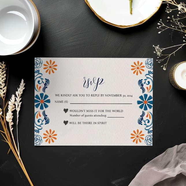 Cartons Réponse Mariage Fiesta mexicain bleu orange floral élégant (Mexican Blue Orange Floral Elegant Fiesta Wedding RSVP Card)