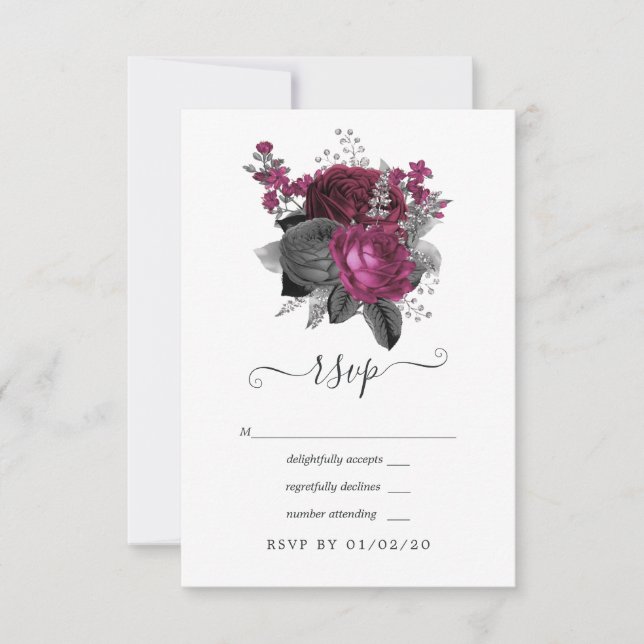 Cartons Réponse Mariage Fleur Floral Marsala, Noir et Argent (Devant)