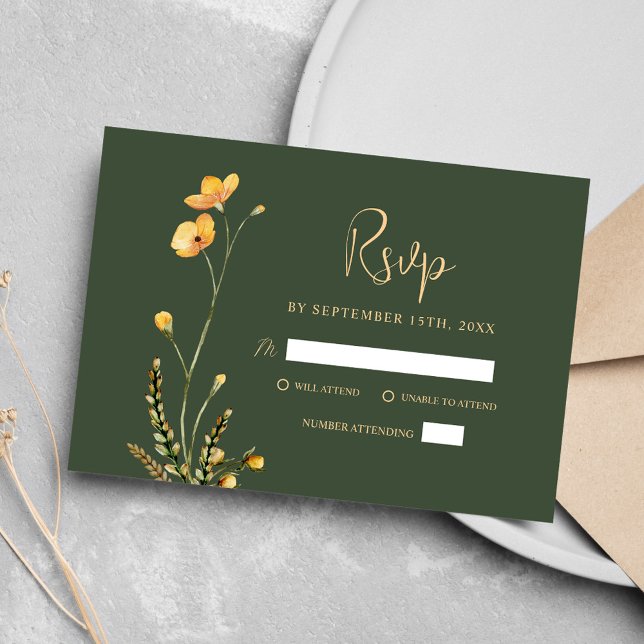 Cartons Réponse Mariage Fleur sauvage minimaliste vert moderne Rus (Green Modern Rustic Minimalist Wildflower Wedding RSVP Card)
