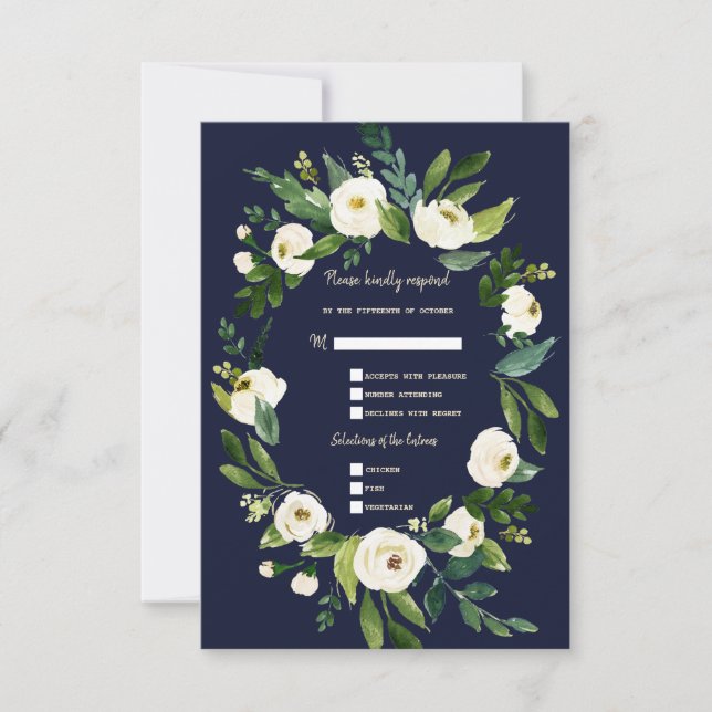 Cartons Réponse Mariage Fleurie Blanc Aquarelle Bleu Foncé Charm (Devant)