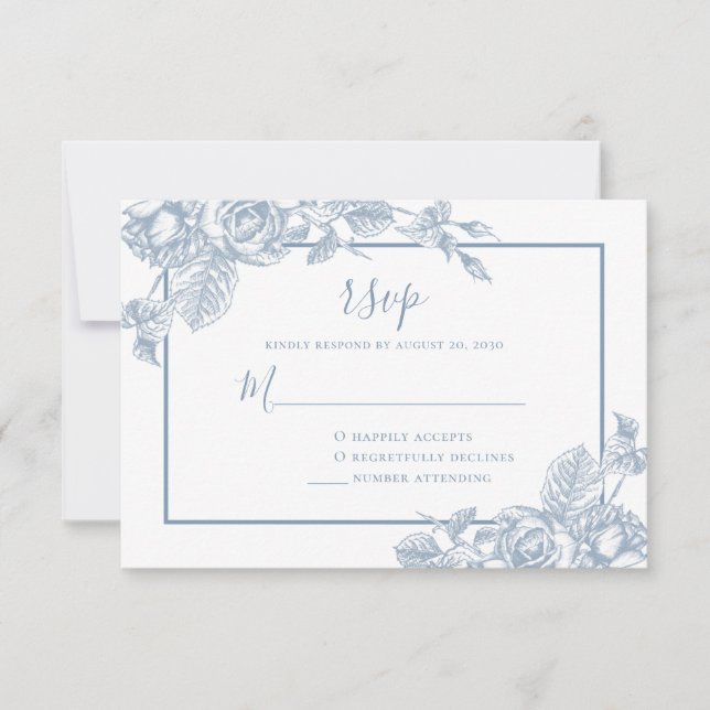 Cartons Réponse Mariage Fleurie Bleu Poussière (Devant)