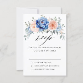 Cartons Réponse Mariage Fleurie Rose Pâle et Ardoise Bleu Marine