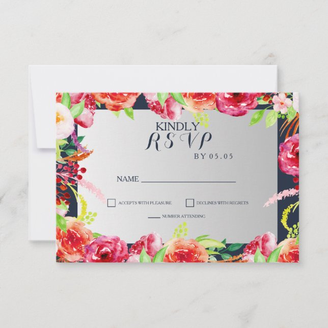 Cartons Réponse mariage fleurs aquarelle bleu marine et argent (Devant)