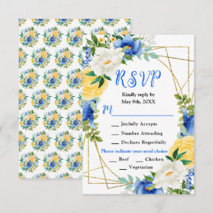 Cartons Réponse Mariage Fleurs Bleues et Jaunes avec Feuillage