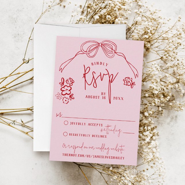Cartons Réponse Mariage floral à poitrine traînante moderne (Unique modern retro hand drawn pink & red bow floral script vintage wedding invitation RSVP card)