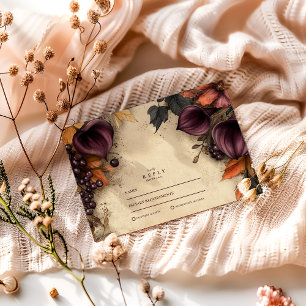 Cartons Réponse Mariage Floral Automnal au Plum Foncé