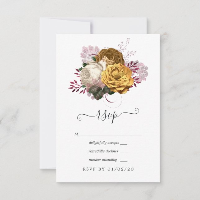 Cartons Réponse Mariage floral blanc, Bourgogne et or (Devant)