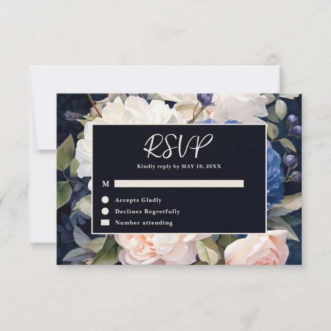 Cartons Réponse Mariage floral bleu bleu marine et bleu roux (Devant)