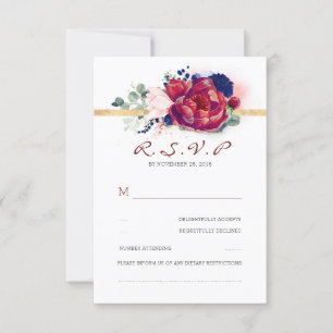 Cartons Réponse Mariage floral bleu de la Bourgogne et de la marin