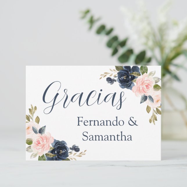 Cartons Réponse Mariage Floral bleu de la marine espagnole Merci (Debout devant)