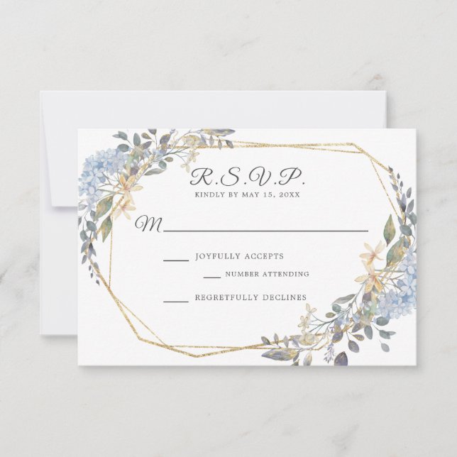 Cartons Réponse Mariage floral bleu-doré géométrique (Devant)