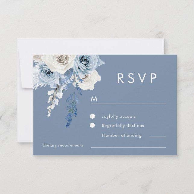 Cartons Réponse Mariage floral bleu et blanc moderne (Devant)