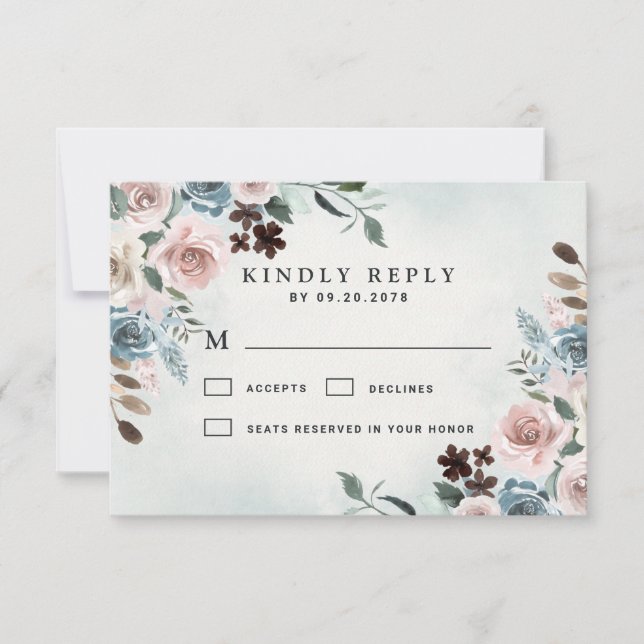 Cartons Réponse Mariage floral bleu et rose pâle (Devant)