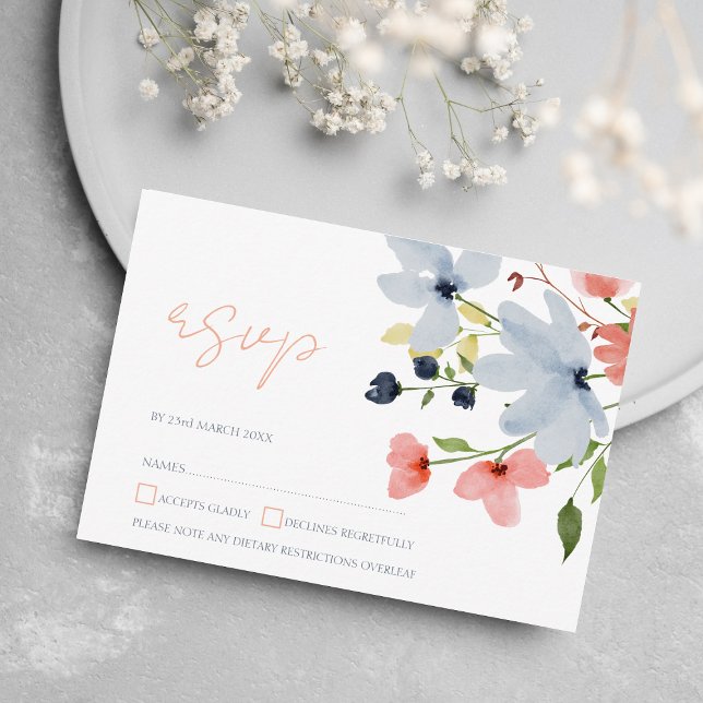 Cartons Réponse Mariage floral bleu et rose simple Boho (Créateur téléchargé)