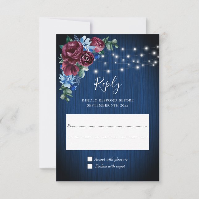 Cartons Réponse Mariage floral bleu marine Bourgogne (Devant)