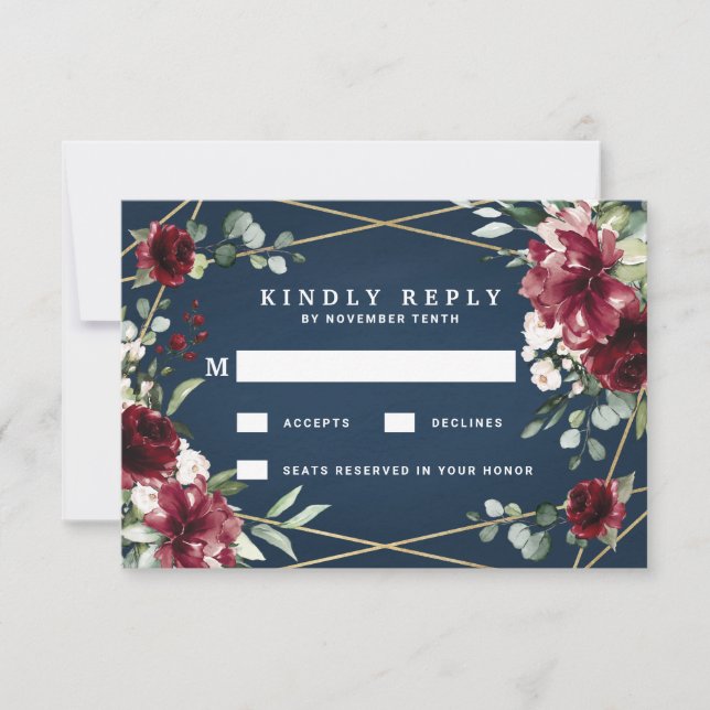 Cartons Réponse Mariage floral bleu marine Bourgogne bleu rose (Devant)
