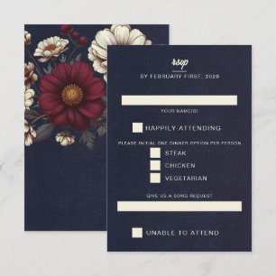 Cartons Réponse Mariage floral bleu marine et bourgogne
