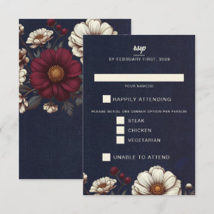 Cartons Réponse Mariage floral bleu marine et bourgogne
