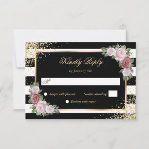 Cartons Réponse Mariage floral Blush Black White Gold Confetti