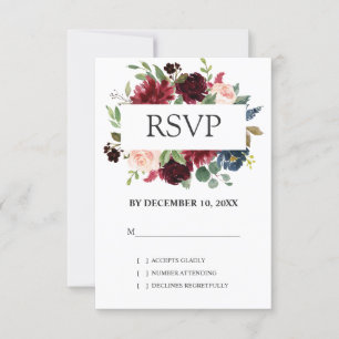 Cartons Réponse Mariage Floral Boho de la Marine Rouge Bourgogne R