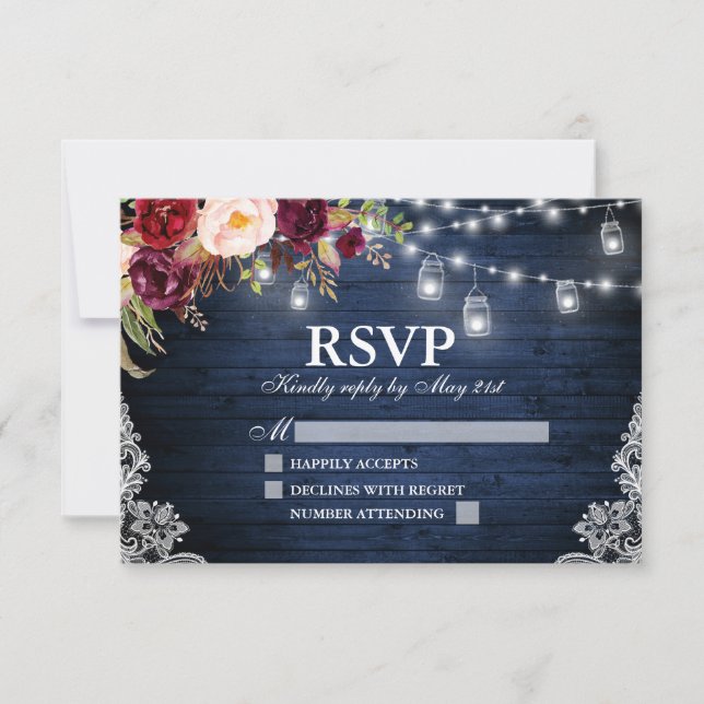 Cartons Réponse Mariage Floral Bois Bleu Rustique Lumières Jars (Devant)