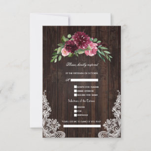 Cartons Réponse Mariage Floral Bois Dentelle Rose Bourgogne Automn